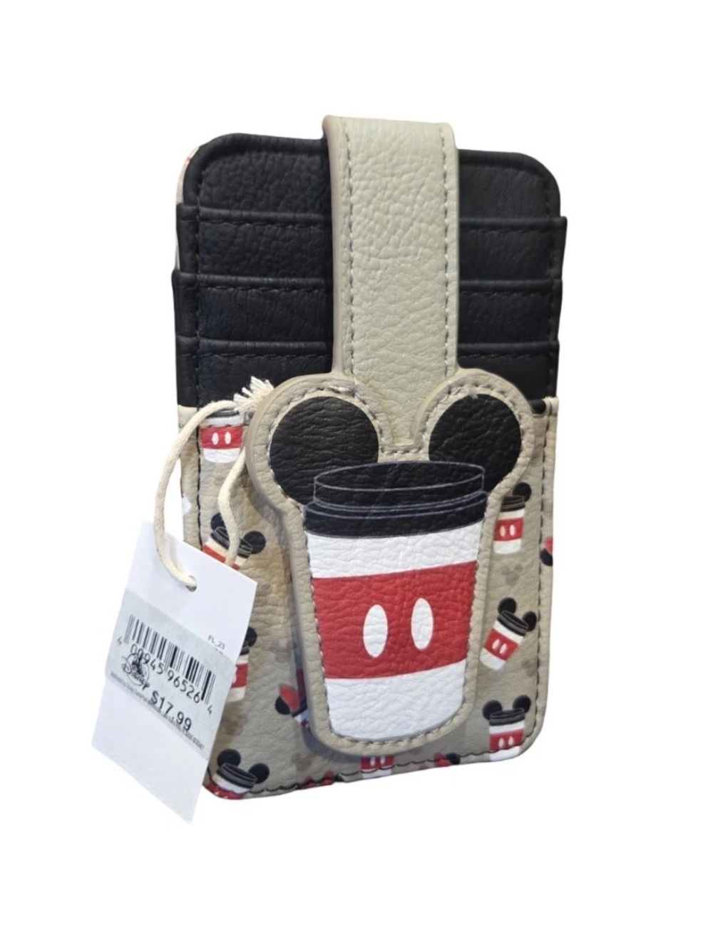 Disney Parks Mickey Coffee Cup Faux Leather Card Case - Black & Beige - NWT